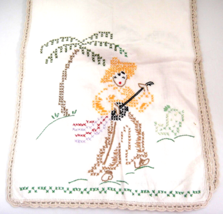 Vintage Hand Embroidered Dresser Scarf Mexican Man Woman 10&quot; x 31&quot; Crochet Edge - £7.49 GBP