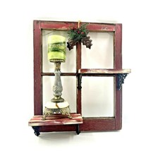 Vintage Red Barn Wood 4 Pane Window Wall Shelf Christmas Hollyberry Shadow Box - £74.03 GBP