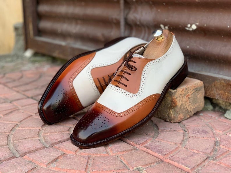 Handmade Men's White Brown Leather Brogue Shoes, Men Dress Fashion Lace Up Shoes
