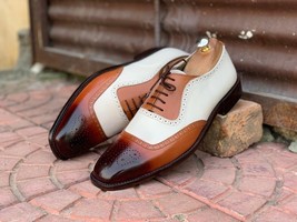 Handmade Men&#39;s White Brown Leather Brogue Shoes, Men Dress Fashion Lace Up Shoes - £115.89 GBP