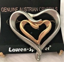 Double Heart Pin Brooch Silver Gold Color by Lauren Spencer NEW - £15.35 GBP