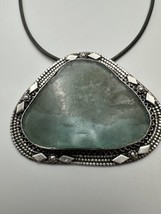 Vintage Sterling Silver Sea Glass Large Pendant 6.5cm Necklace 15” - £39.69 GBP