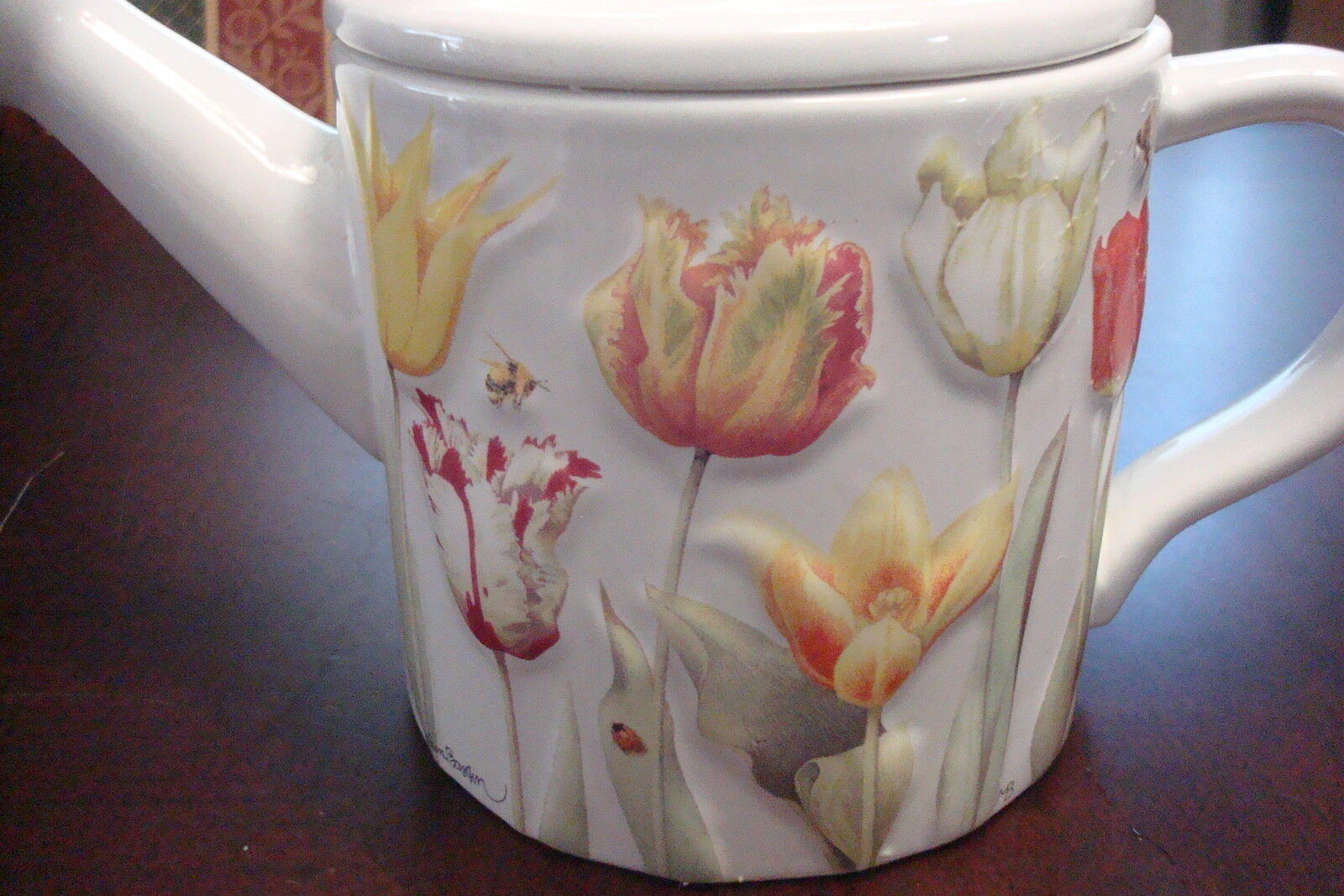 Marjolein Bastin Teapot Watering Can SIGNED Raised Tulips Bumble Bee Lad... - $39.60