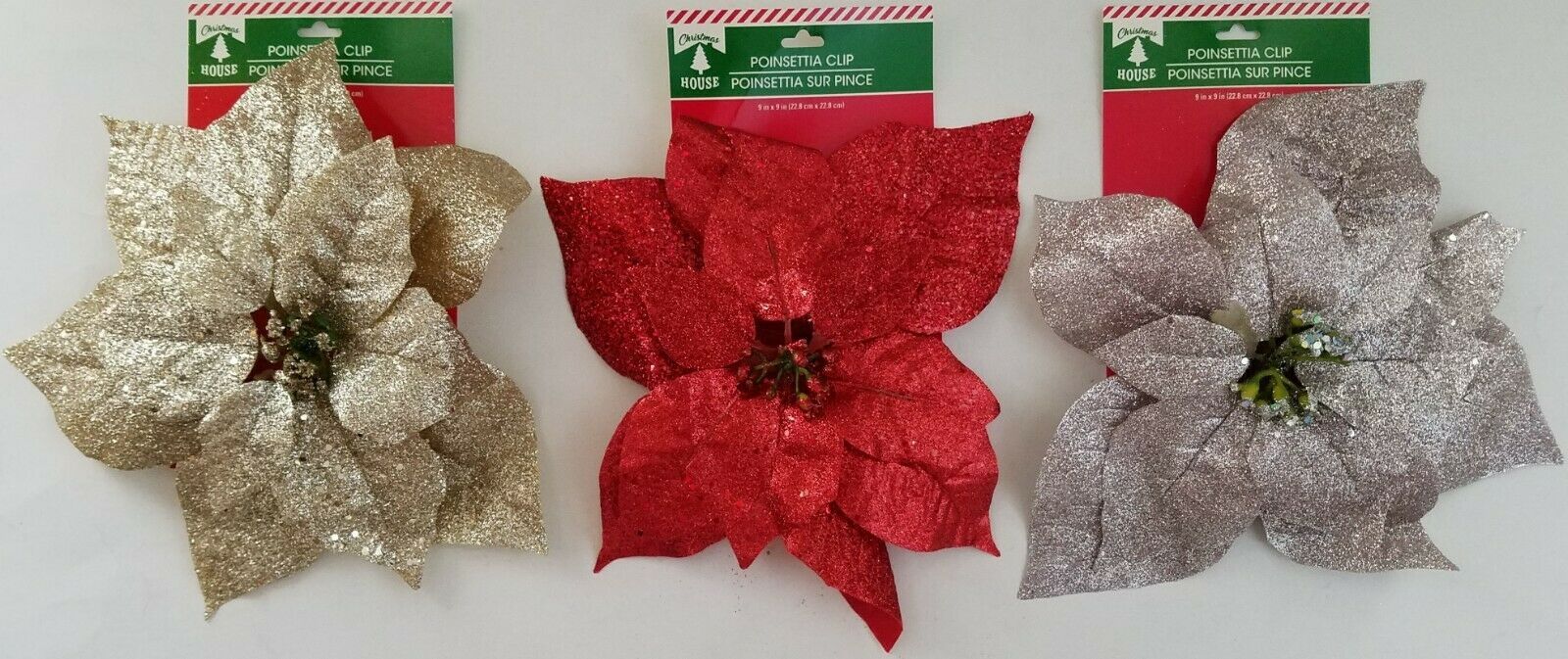 Christmas Glitter Poinsettia Clips 9&quot; Ornaments, Select: Gold, Red or Si... - $2.99
