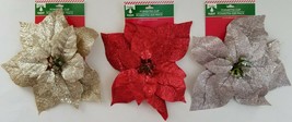 Christmas Glitter Poinsettia Clips 9&quot; Ornaments, Select: Gold, Red or Silver - £2.35 GBP