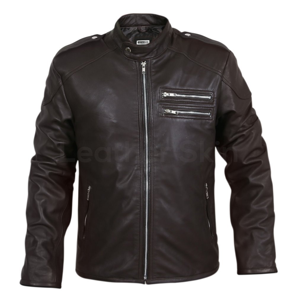 New Handmade Men Black Genuine Leather Jacket with Double zippers on chest