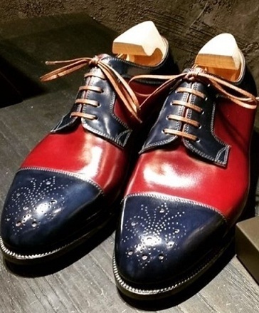 Men Two Tone Leather Shoes Premium Quality Blue Red Brogue Cap Toe Handmade