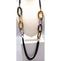 Vintage Statement Necklace, Black Ribbon with Crystal Beaded Links in Tri Color - £37.23 GBP