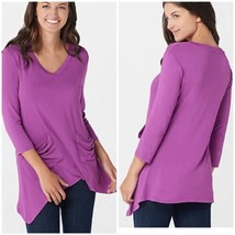 LOGO by Lori Goldstein V-neck Tee 3/4 Sleeves Pocket Purple Soft Long Tunic - £13.25 GBP
