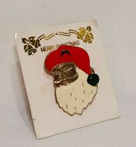 Santa Head Christmas Lapel Pin Brooch 1.5&quot; Metal Enamel Gold Tone Vintage - £11.82 GBP