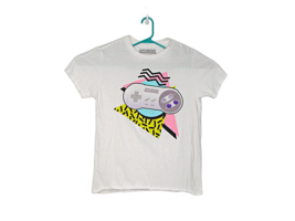 Super Nintendo Gamer Graphic T-Shirt White Neon Colors Retro 90&#39;s Cotton Size M - £18.57 GBP