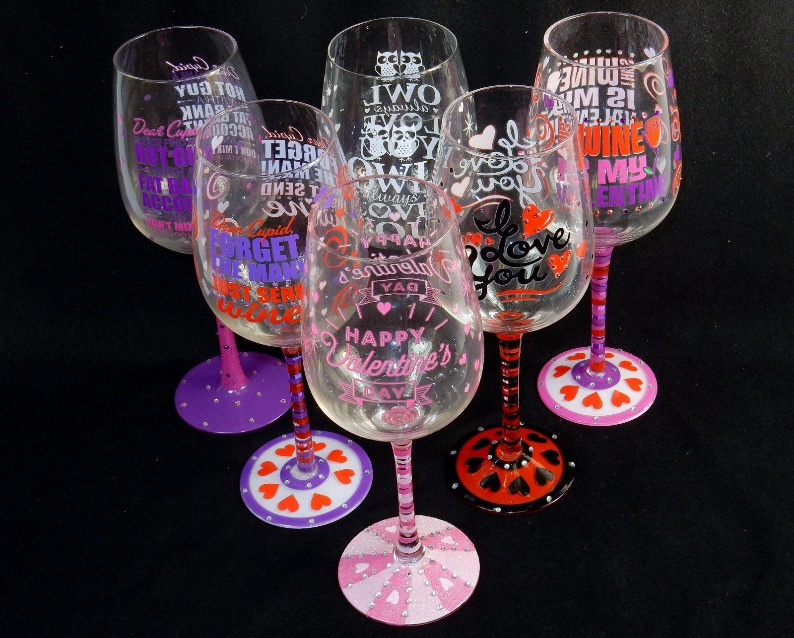 Valentine Wine Glass ~ Novelty Love Quotes Hand Painted On Glass w/Rhinestones - £9.55 GBP