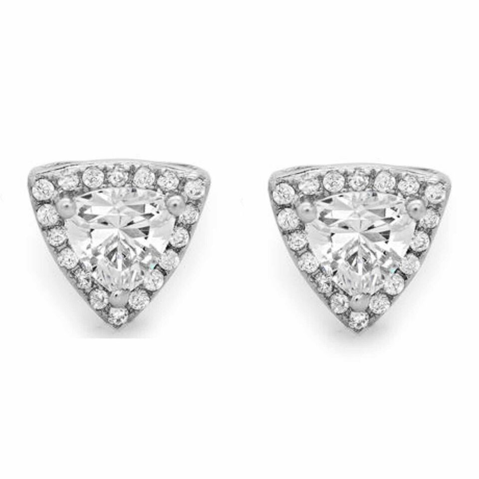Primary image for 1.60CT Trillion Round Simulated Diamond 14K White Gold Plated Halo Stud Earrings