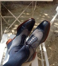 Handmade Men&#39;s Two Tone Formal Shoes, Men Navy Blue and Gray Dress Leather Shoes - £103.20 GBP+