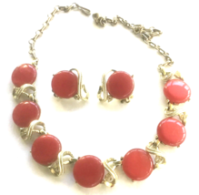Vintage Coro Necklace &amp; Earrings Red / Orange Thermoset, Rhinestones Gold Metal - £51.95 GBP
