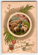 Easter Postcard Girl Sheep Lambs Country Farm Vintage 1909 WM Miller Unposted - £7.90 GBP