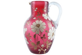 c1890 Cranberry Threaded Enameled Water pitcher - £223.27 GBP