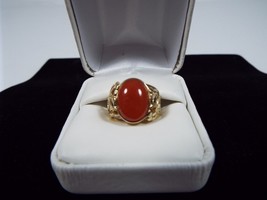 14k Solid Yellow Gold Unisex Ring Red Oval Jade Size 6.75 - £1,208.44 GBP