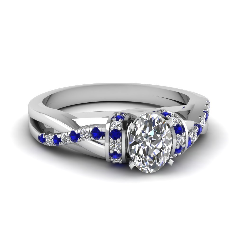 Oval Shaped CZ & Blue Sapphire Twist Shank Wedding Engagement Ring 18k White GP - $37.45
