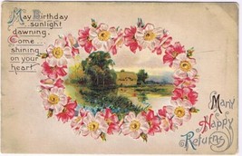 Postcard Embossed Birthday Sunlight House By Lake Wreath Of Wild Roses - £2.37 GBP