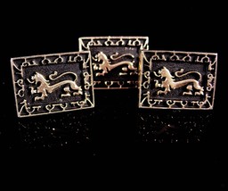 Lion cufflinks Vintage tie clip LEO Figural gold Black set mens estate jewelry J - £99.36 GBP