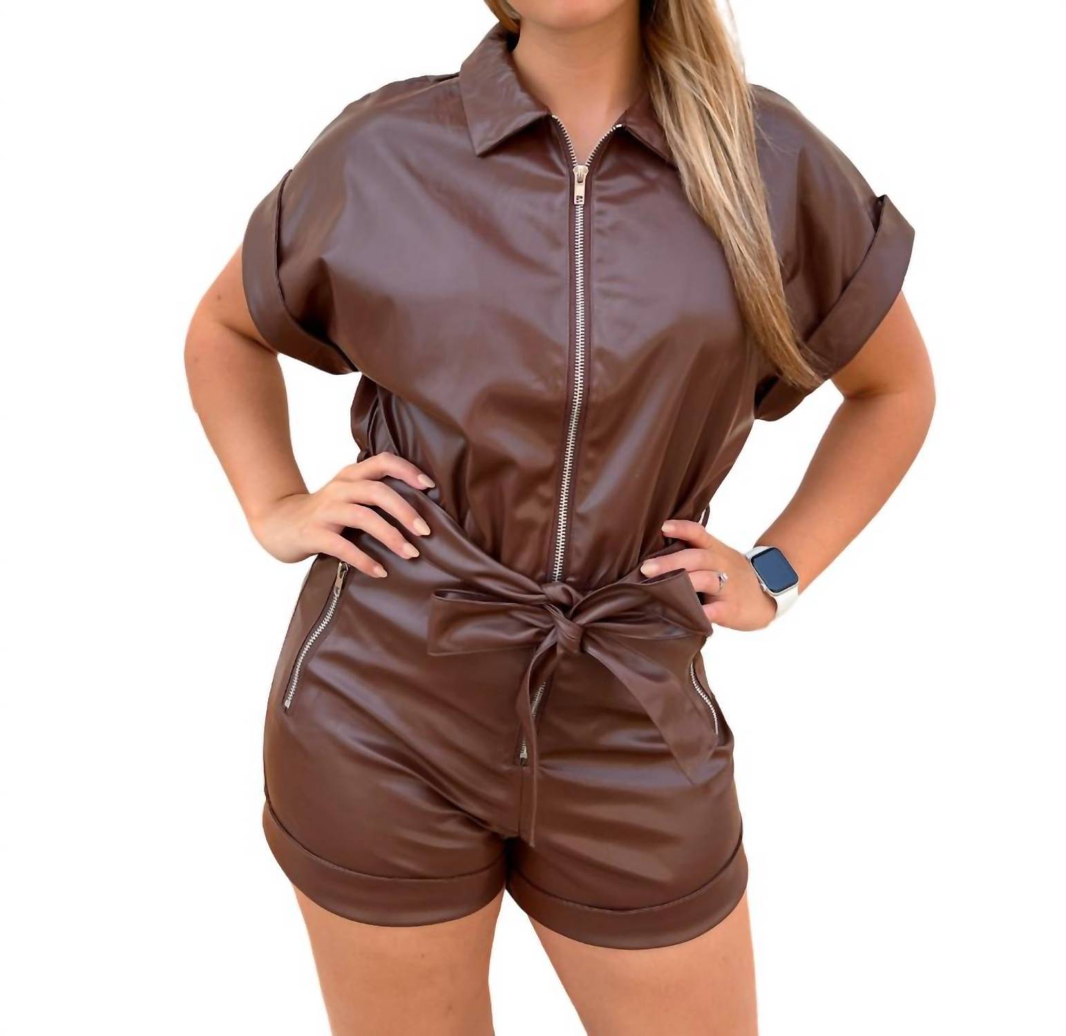 Day + Moon lexa faux leather romper with tie in Brown - size S