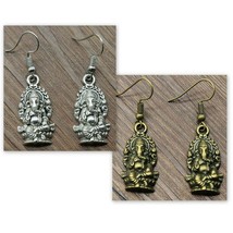 Ganesha Earrings 1&quot; Hindu Elephant God Silver Or Brass Tone Metal Drop Dangle - £6.34 GBP