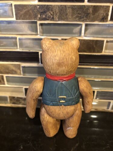 Vtg DEPT 56 Ceramic TED D BEAR Jointed Sit Stand GREEN VEST Red BOW Figurine - $25.37