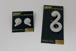 Savvy Swarovski Silver Tone Swirl Crystal Round Pave Pierced Earrings &amp; Pin - £48.70 GBP