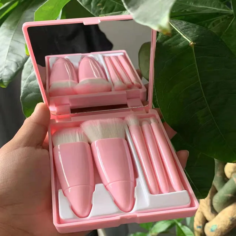 Hes set portable 5pcs multi function set with mirror soft hair loose powder brush blush thumb200