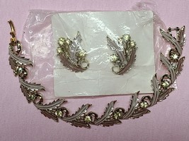 Vintage Signed Park Lane Rhinestone Leaf Bracelet and Clip Earrings Set - £23.97 GBP