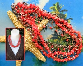 Vintage Red Coral Chips Necklace Copper Rings Links Multi Four Strand - $62.95