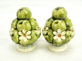 Green Apples &amp; Blossoms Salt &amp; Pepper Shakers, Vintage Porcelain, Inarco... - £15.37 GBP