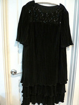 Vintage 1980s-1990s Black Dress CRYSTAL PLEATS Floating Hem Sequined lace 2X-3X - £31.64 GBP