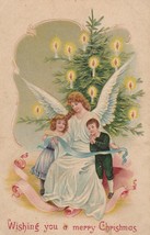 Vintage Postcard Christmas Angel Children Tree With Candles Victorian Embossed - £8.52 GBP