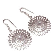 Crystal Quartz Gemstone 925 Silver Overlay Handmade Flower Drop Dangle Earrings - £9.58 GBP