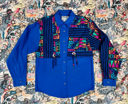 Vtg 1990s Wrangler Blue Cotton Button Down Shirt Sz S/M Western Rodeo Ch... - £42.05 GBP