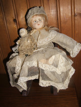Antique Vintage Chalk Plaster Doll with Baby Doll In Rocking Chair - £26.07 GBP