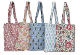 Block Print Cute Floral Tote Bag, Handmade 100% Cotton Shoulder Bag, Lightweight - $14.69+