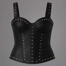 Studded Black Real Leather Corset Top: Edgy Clubwear Bustier - $189.99