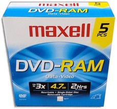 5-Pak Maxell 4.7GB 3X DVD-RAM in Type-2 Cartridges with Hard Coating, #636040 - £64.73 GBP