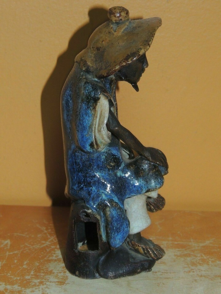 Chinese Mud Man/ Men Blue Robe hat & purse 6" drip glaze unmarked Mudman Antique Item image 4