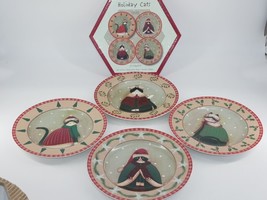 Sakura Oneida Dishes Fiddlestix &quot; HOLIDAY CATS&quot; 4 Stoneware Salad Dessert Plates - £19.97 GBP