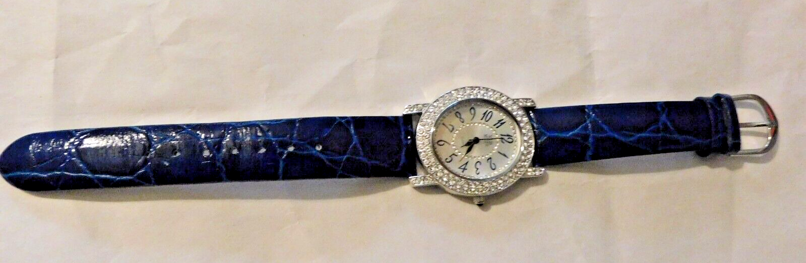Primary image for NOLAN MILLER Vintage Watch with Pave Crystals Blue Leather Band Silver Tone EUVC