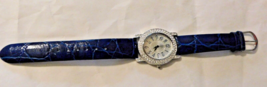 NOLAN MILLER Vintage Watch with Pave Crystals Blue Leather Band Silver Tone EUVC - £32.20 GBP