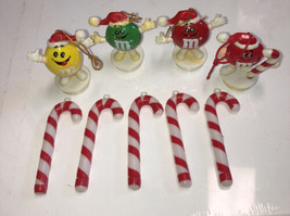 M&amp;M Tube Topper Lot Of 4 Vintage Ornaments Yellow, Green &amp; Red Plus Candy Canes - £7.56 GBP