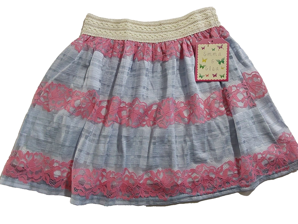 Emma & Elsa Kids Girls Blue/Pink Lace Insert Holiday Party Skirt ~ 7/8 ~ NWT