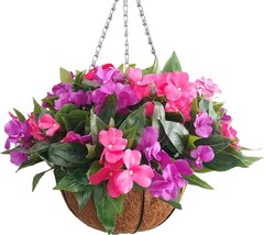 Flo-mynse Mynse Set of Hanging Basket Artificial Impatiens Flowers Purple and - £35.85 GBP