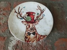 Pier 1 Regal Deer 8.75&quot; Salad Dessert Plate Christmas Red Top Hat Bow Ti... - $13.86