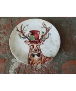 Pier 1 Regal Deer 8.75&quot; Salad Dessert Plate Christmas Red Top Hat Bow Ti... - $261.23 MXN